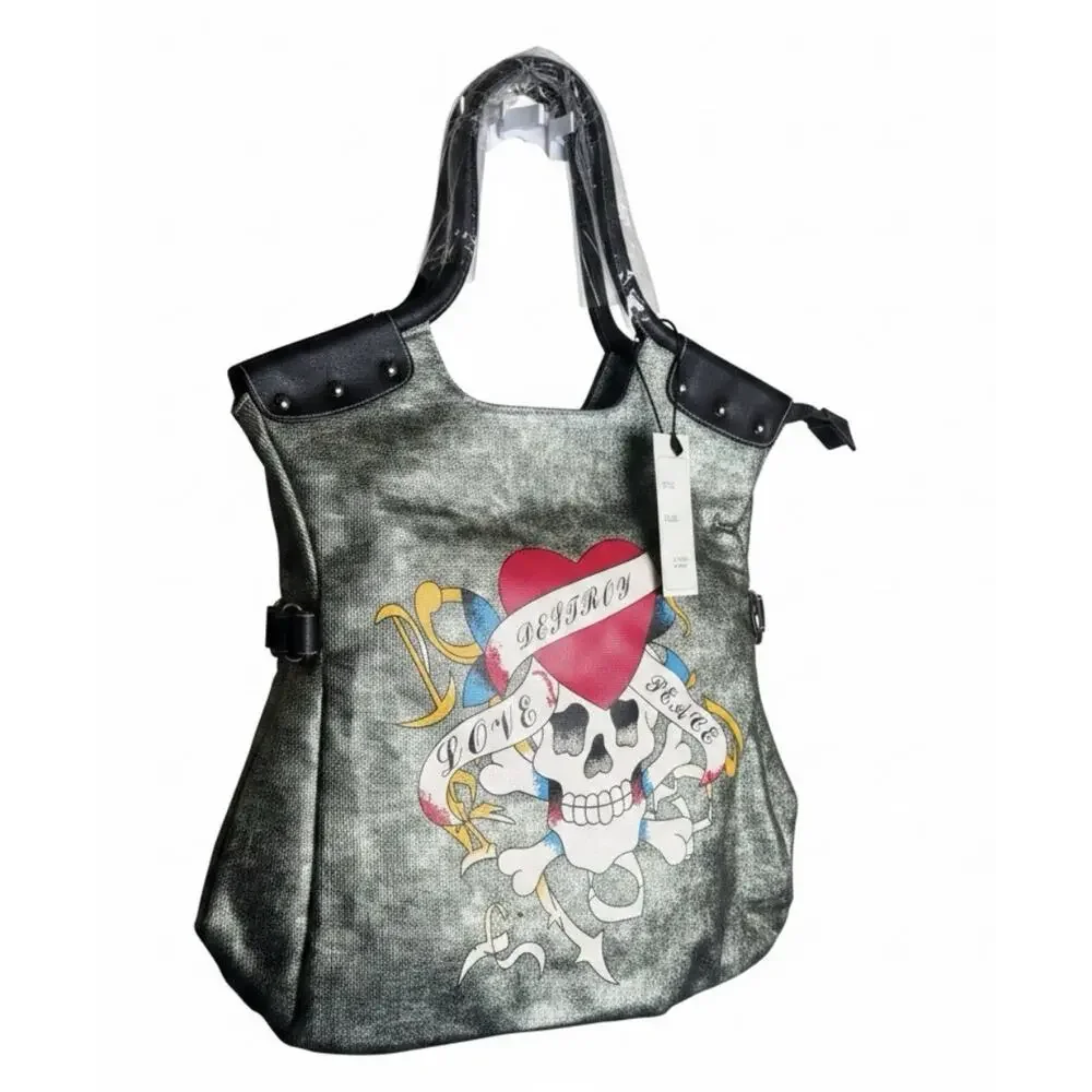 NWT Punk Rock Y2K Skull Crossbones Tattoo Tote Hobo Bag Goth Emo- Bold